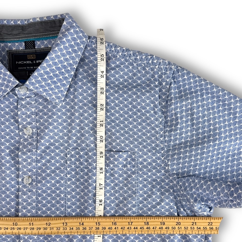 Nickel & Iron Mens Blue White Geometric Fan Print Cotton Short Sleeve Shirt L - Picture 5 of 5